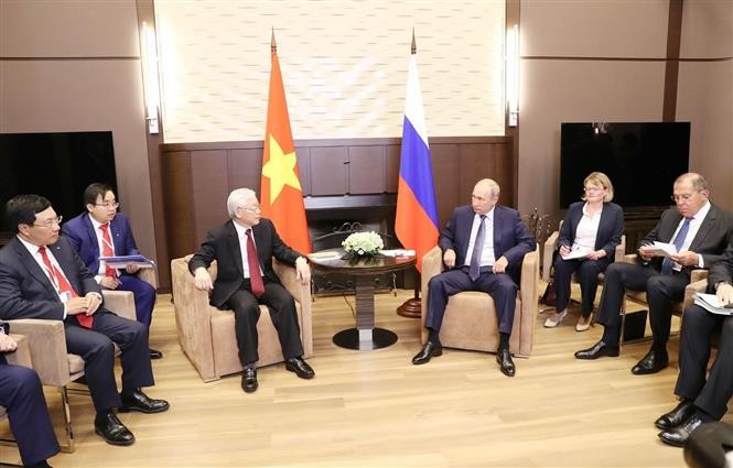 Tổng Bí thư Nguyễn Phú Trọng hội đàm với Tổng thống Liên bang Nga Vladimir Putin. Ảnh: Trí Dũng/TTXVN