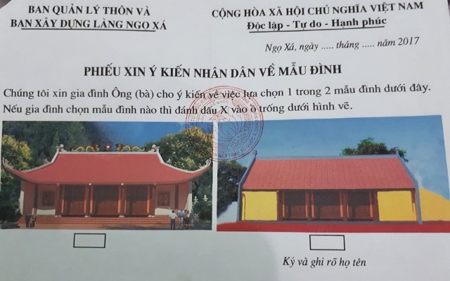 Phiếu xin ý kiến người dân để thay đổi kết cấu, kiến trúc đình Ngọ Xá (Bắc Giang). Ảnh: QĐ/ Dangcongsan.vn