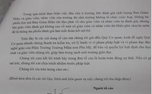 Tháng 8 vừa qua, 11 giáo viên của Trường Mầm non Phú Mỹ đã đứng đơn tố cáo hiệu trưởng Nguyễn Thị Thanh Liêm vi phạm 12 nội dung về công tác quản lý và thu chi tài chính. Ảnh do tác giả cung cấp