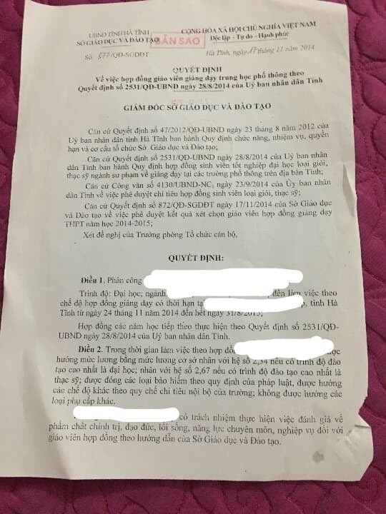 Quyết định của Sở Giáo dục và Đào tạo Hà Tĩnh hợp đồng giáo viên giảng dạy Trung học phổ thông theo Quyết định 2531/QĐ-UBND 28/8/2014.