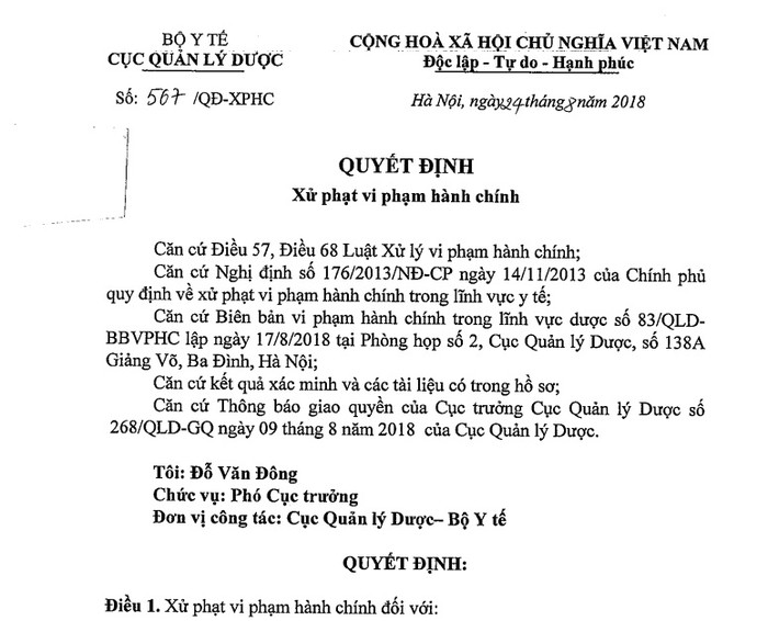 Cục Quản lý Dược (Bộ Y tế) đã quyết định xử phạt vi phạm hành chính đối với Công ty Trách nhiệm Hữu hạn thương mại Nam Thái Bình Dương.