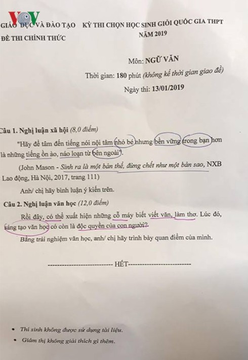 Đề thi môn Ngữ văn kỳ thi chọn học sinh giỏi Quốc gia Trung học phổ thông năm 2019. (Ảnh: VOV)