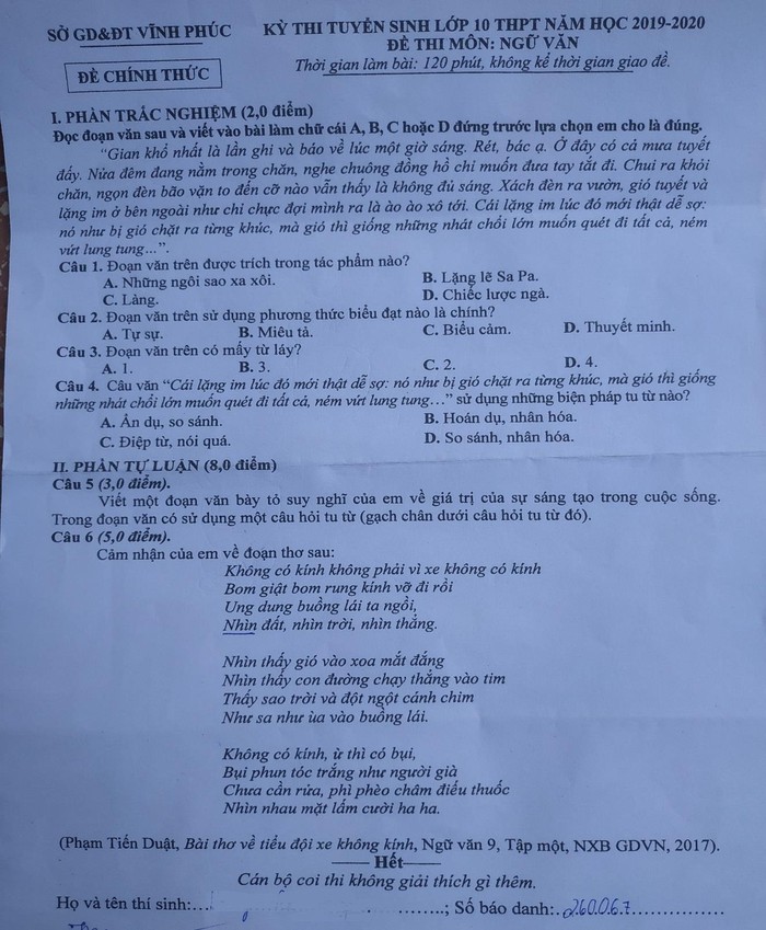 Đề thi môn Ngữ văn trong kỳ thi tuyển sinh vào lớp 10 trung học phổ thông năm 2019.