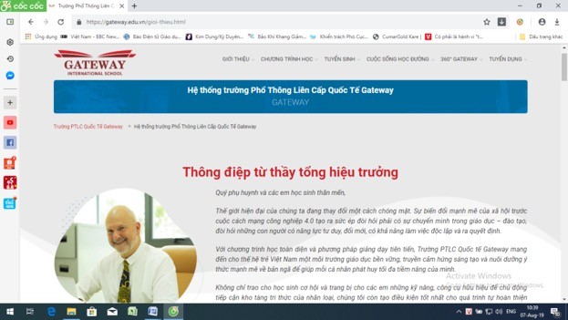 Thông điệp của ông Donald Edward Williams trên Website trường quốc tế Gateway (Ảnh chụp màn hình sáng ngày 07/08/2019)