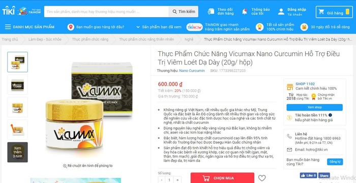 Quảng cáo sản phẩm thực phẩm bảo vệ sức khỏe Vi- Cumax Nano Curcumin trên Tiki.vn có dấu hiệu lừa dối người tiêu dùng