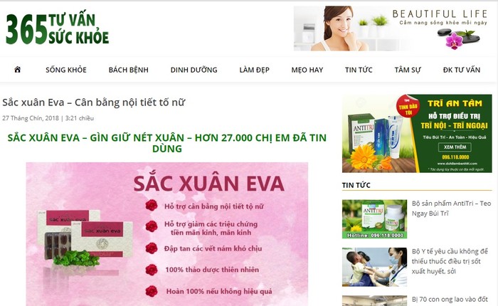 Một trang web vi phạm quy định quảng cáo sản phẩm thực phẩm bảo vệ sức khỏe.