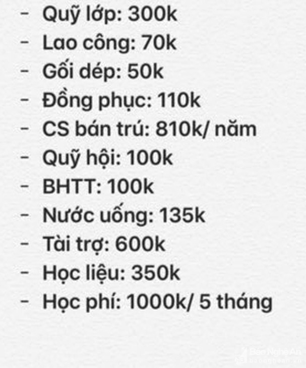 Các khoản thu đầu năm của Trường Mầm non Bình Minh sai quy định. (Ảnh: Báo điện tử Nghệ an)