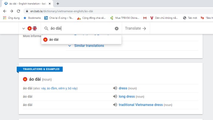 Ảnh chụp màn hình từ điển bab.la