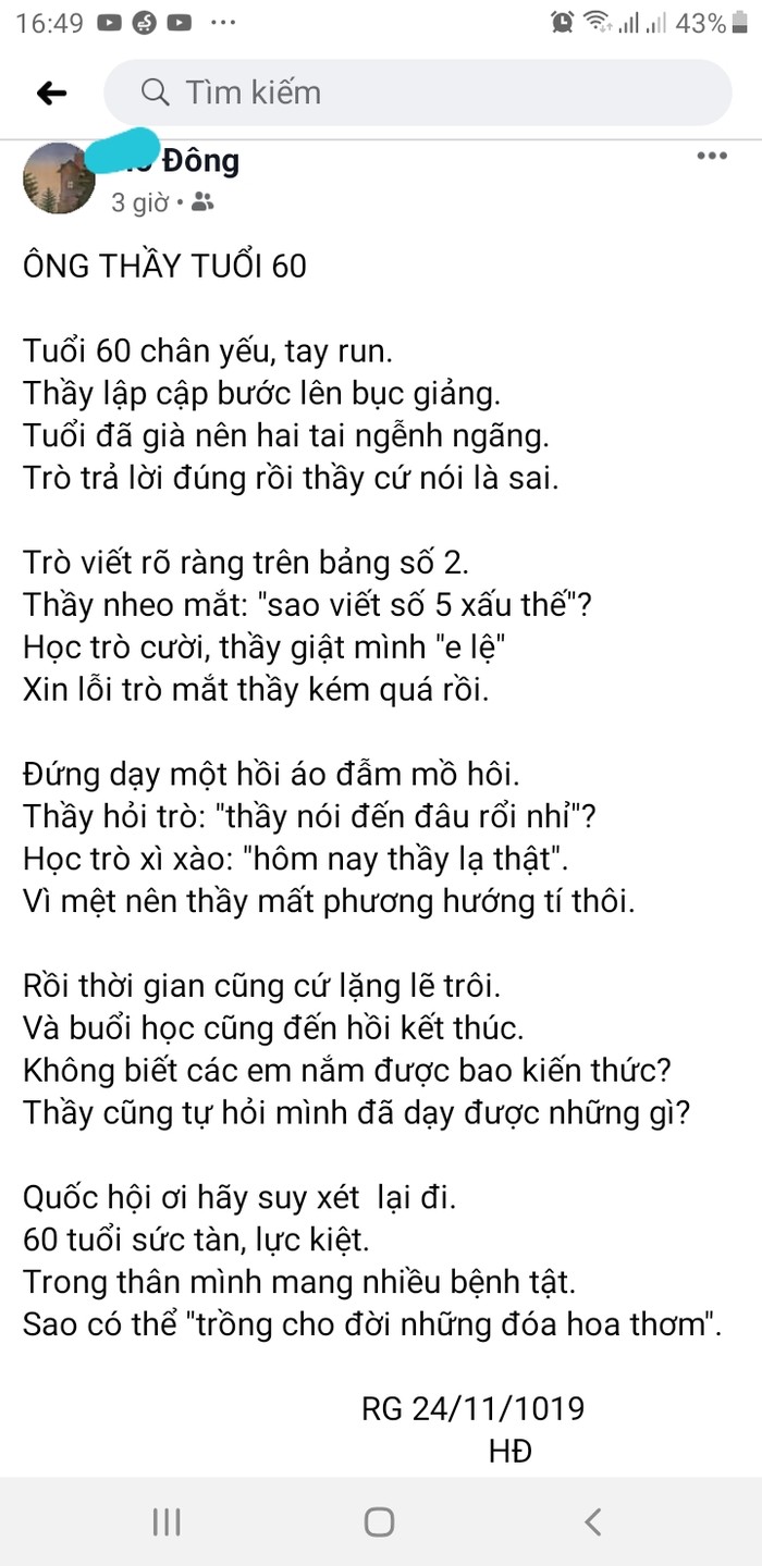 Ảnh chụp màn hình trang thái cảm xúc mạng xã hội của một thầy giáo