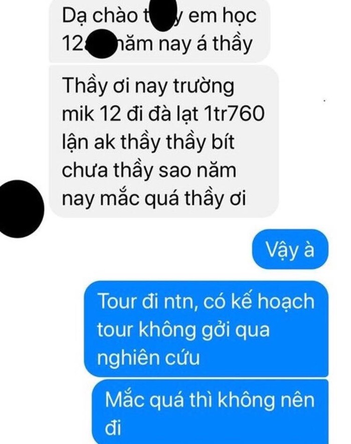 Học sinh nhắn tin cho giáo viên phàn nàn vì tour quá đắt