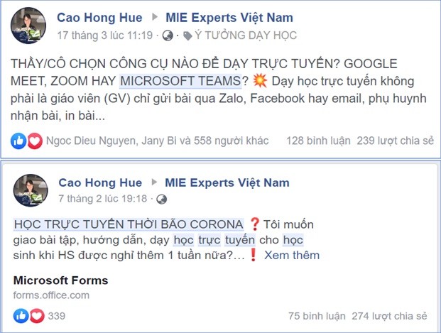 Chia sẻ của cô Cao Hồng Huệ trong MIE được giáo viên đón nhận và áp dụng vào dạy học trực tuyến (Ảnh do tác giả cung cấp)