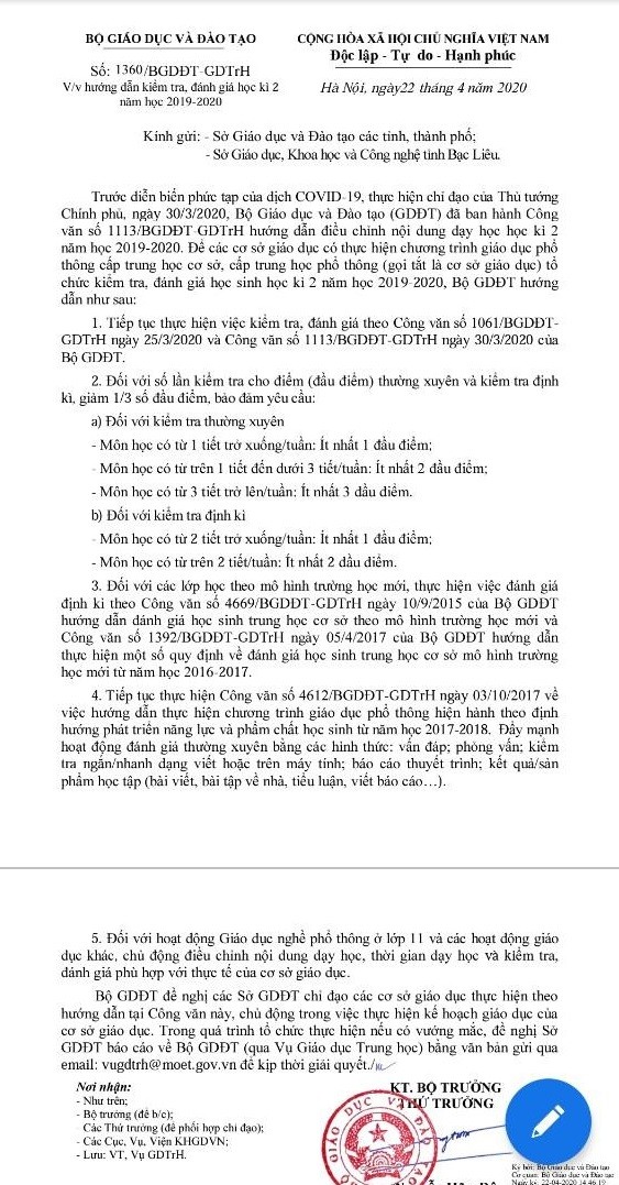 Công văn số 1360/BGDĐT-GDTrH về việc hướng dẫn kiểm tra, đánh giá học kỳ 2 năm học 2019-2020