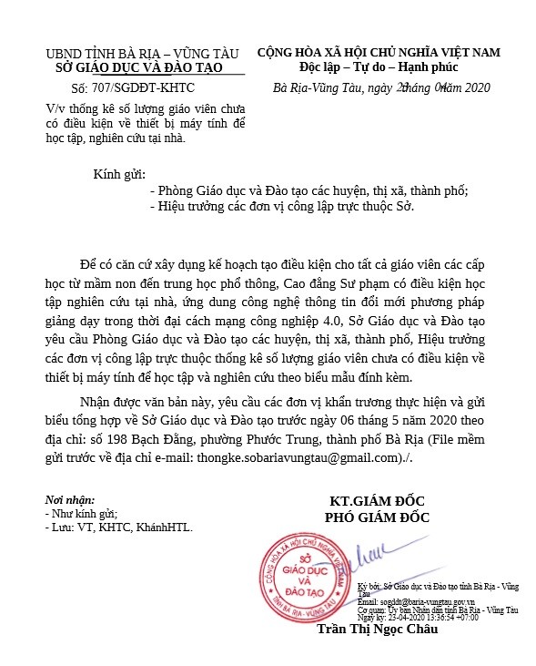 Văn bản số 707/SGDDT-KHTC về việc thống kê số lượng giáo viên chưa có điều kiện về thiết bị máy tính để học tập, nghiên cứu tại nhà.