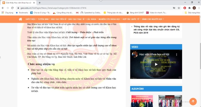 Ảnh chụp màn hình Cổng thông tin điện tử Học viện Khoa học xã hội ngày 16/8/2020