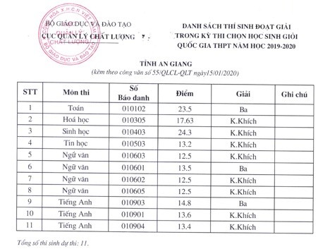 Kết quả thi học sinh giỏi Quốc gia năm 2020 của tỉnh An Giang (Ảnh chụp màn hình)