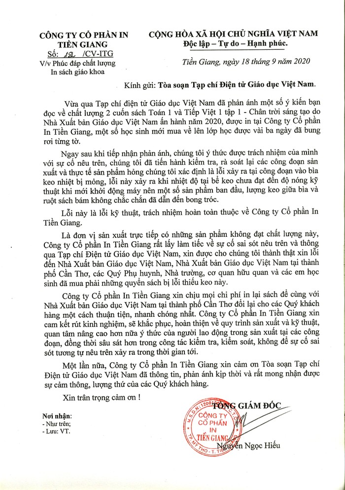 Công văn phúc đáp của Công ty Cổ phần In Tiền Giang gửi đến Tạp chí điện tử Giáo dục Việt Nam.