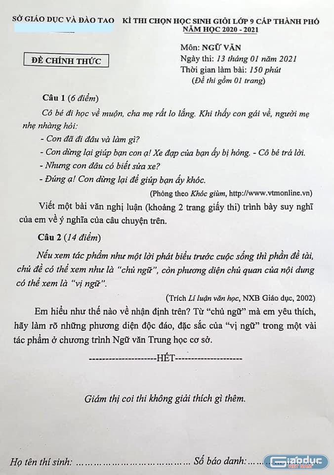 Đề thi học sinh giỏi gây nhiều tranh cãi. (Ảnh do tác giả cung cấp)