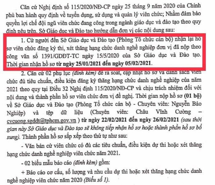 Văn bản thông báo bổ túc hồ sơ thăng hạng sau 9 tháng giáo viên mỏi mòn chờ đợi. (Ảnh do tác giả cung cấp)