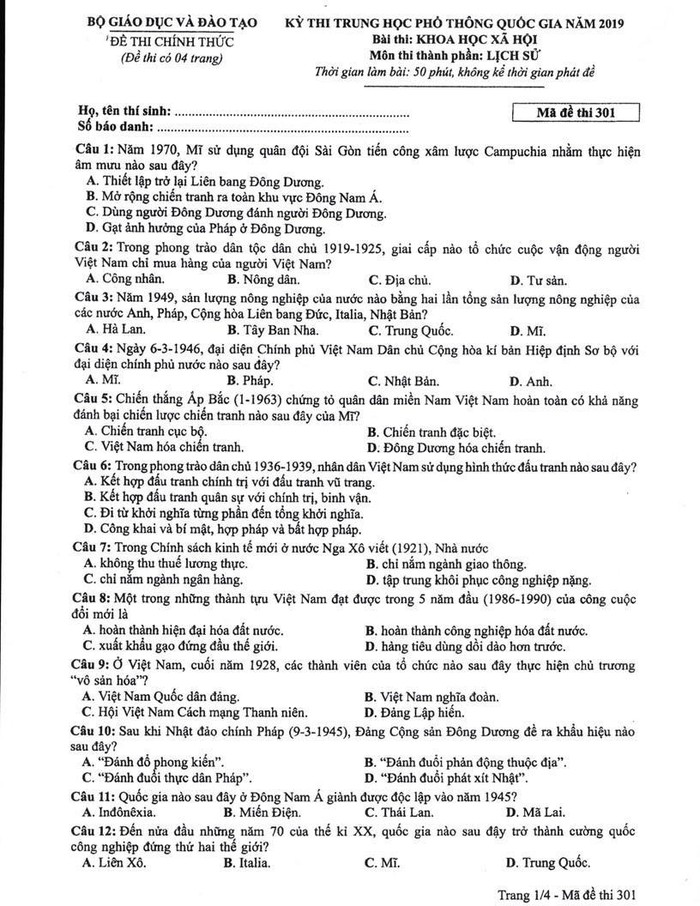 Hình 1: Đề thi Trung học phổ thông Quốc gia năm 2019