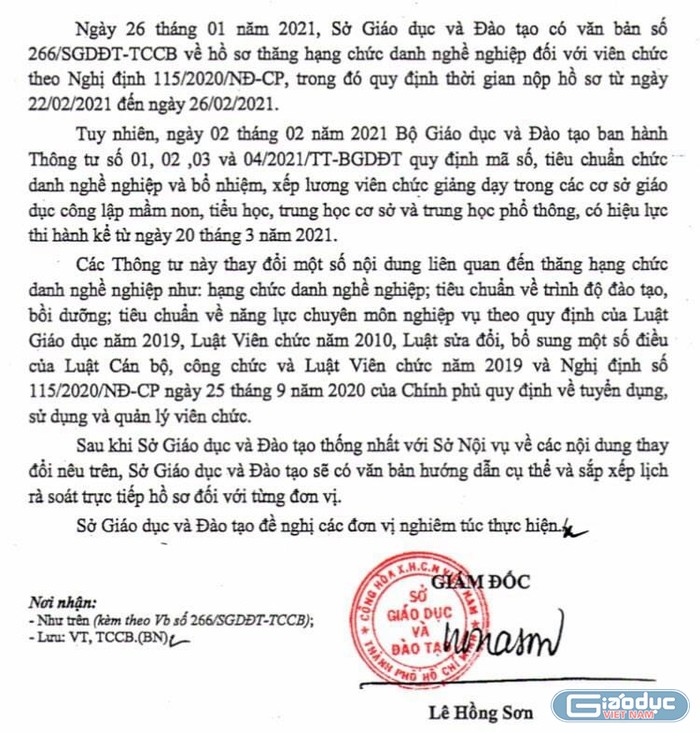 Công văn số 478/SGDĐT-TCCB của Sở Giáo dục và Đào tạo. (Ảnh do tác giả cung cấp)