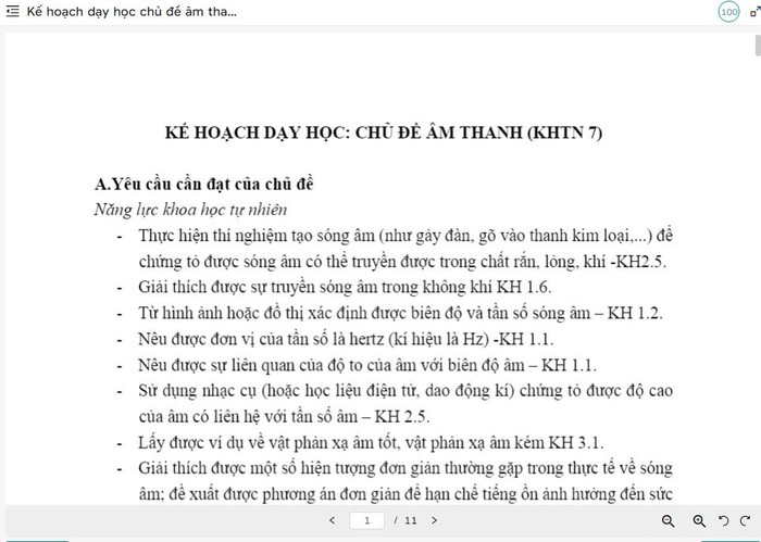 Ảnh chụp màn hình Kế hoạch bài dạy minh họa trong Mô đun 1, môn Khoa học tự nhiên số trang lên đến 11