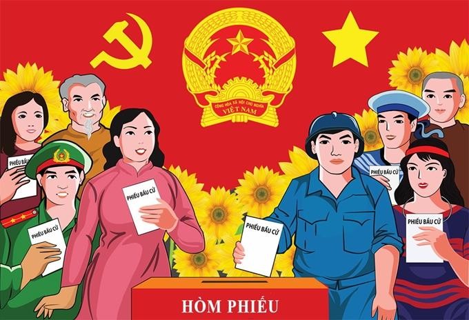 Tranh cổ vũ tuyên truyền bầu cử đại biểu Quốc hội khóa XV và đại biểu Hội đồng Nhân dân các cấp nhiệm kỳ 2021-2026