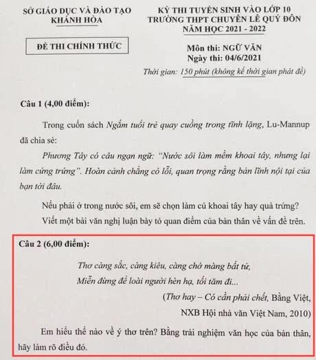 Đề thi môn Ngữ văn tuyển sinh 10 Trường trung học phổ thông chuyên Lê Quý Đôn - Khánh Hòa