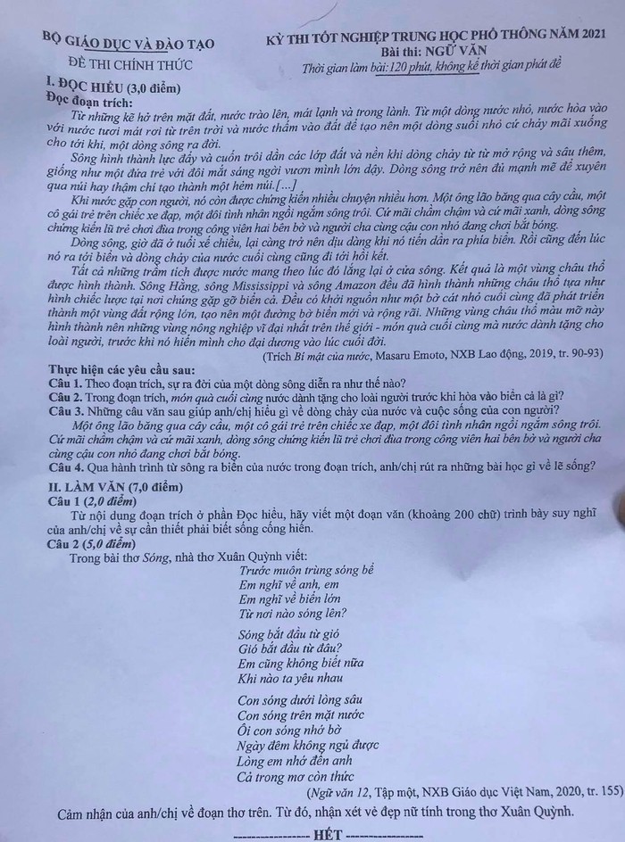 Đề thi Ngữ văn kỳ thi tốt nghiệp trung học phổ thông năm 2021. Ảnh: Vietnamnet.vn