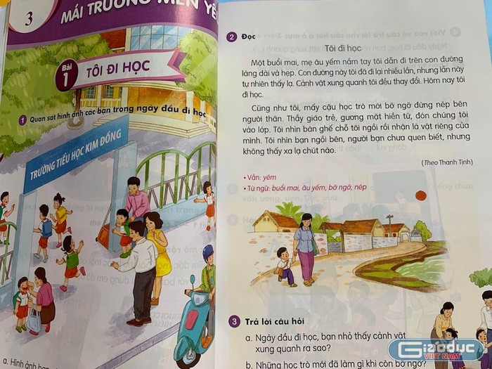 Văn bản “Tôi đi học” trong Sách giáo khoa lớp 1, tập 2 (Bộ Kết nối tri thức với cuộc sống). Ảnh: Vương Thuỷ