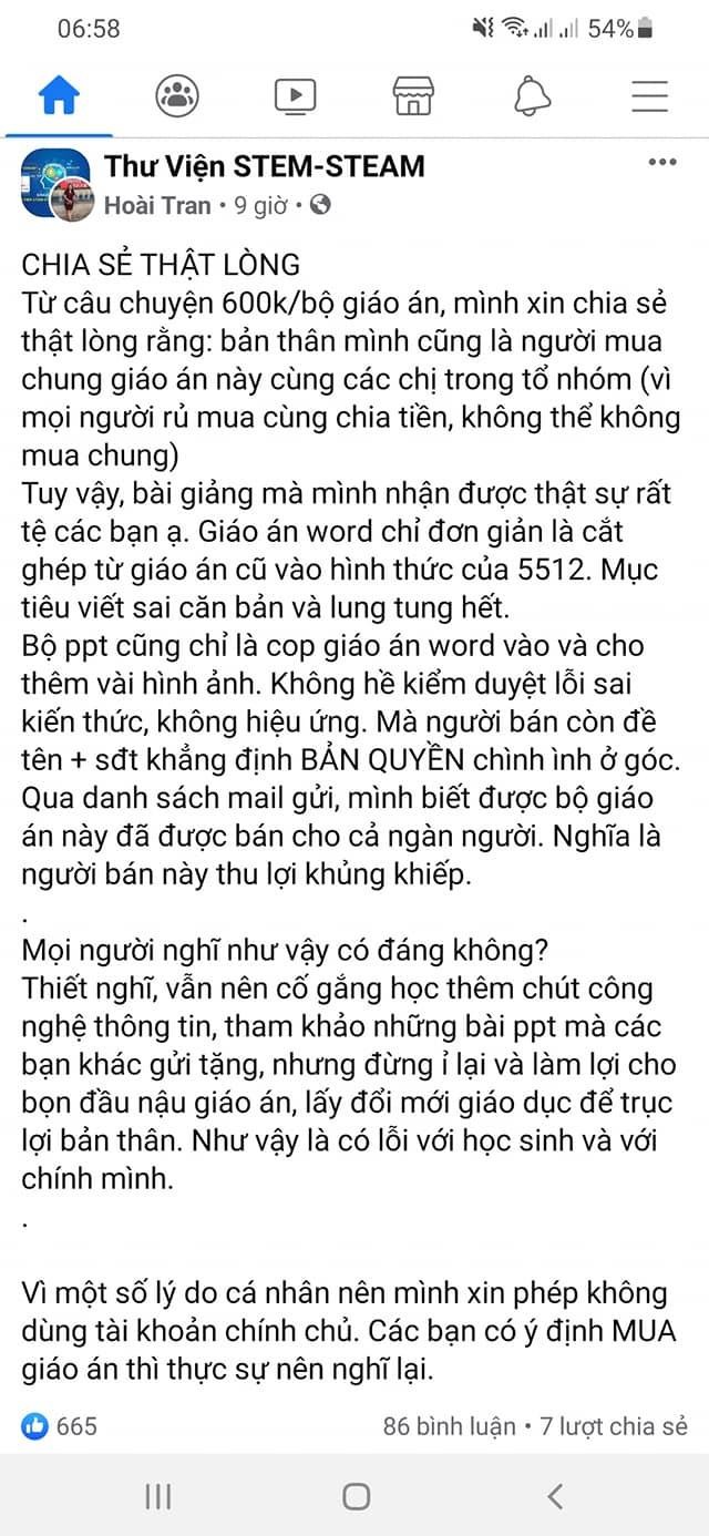 Chia sẻ của một giáo viên mua phải “giáo án giả”. (Ảnh chụp màn hình)