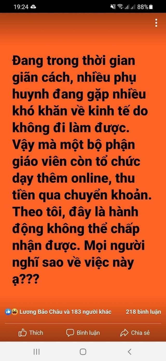 Giáo viên đăng tải ý kiến phản đối dạy thêm học sinh chính khóa học thêm trực tuyến trong bối cảnh hiện nay (Ảnh chụp màn hình)