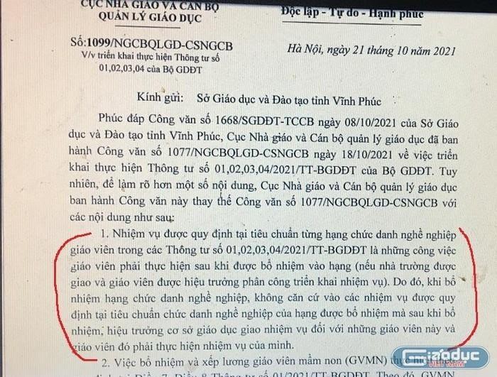 Công văn phúc đáp của Cục Nhà giáo về việc thực hiện chùm Thông tư 01;02;03;04 cho tỉnh Vĩnh Phúc (Ảnh chụp màn hình)