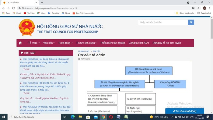 Ảnh chụp màn hình Cơ cấu tổ chức Hội đồng giáo sư nhà nước năm 2021