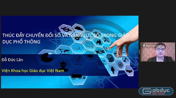 Thạc sĩ Đỗ Đức Lân, Phó trưởng phòng Quản lý khoa học, đào tạo và hợp tác quốc tế, Viện Khoa học giáo dục Việt Nam, phát biểu tại hội thảo.