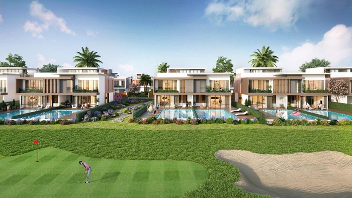 PGA Golf Villas sở hữu tầm nhìn 360 độ hướng ra mảng xanh sân golf và công viên trung tâm. Ảnh phối cảnh