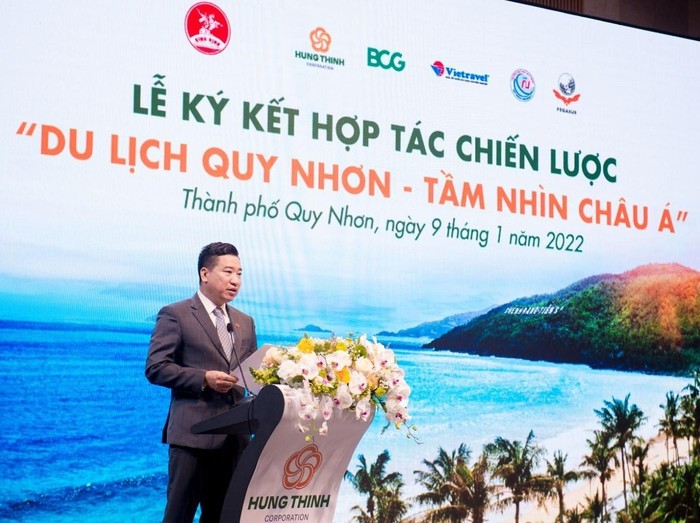 Ông Nguyễn Đình Trung – Chủ tịch Tập đoàn Hưng Thịnh tin tưởng sự kiện sẽ kết nối cộng đồng doanh nghiệp, các Viện, trường… cùng chung tay đưa Quy Nhơn vươn tầm cao mới, tương xứng với tiềm năng vốn có của nơi đây. Ảnh: Hưng Thịnh Land.