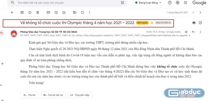 Thông báo hủy cuộc thi Olympic tháng 4 của Phòng Giáo dục Trung học - Sở Giáo dục và Đào tạo Thành phố Hồ Chí Minh (Ảnh: Ánh Dương)