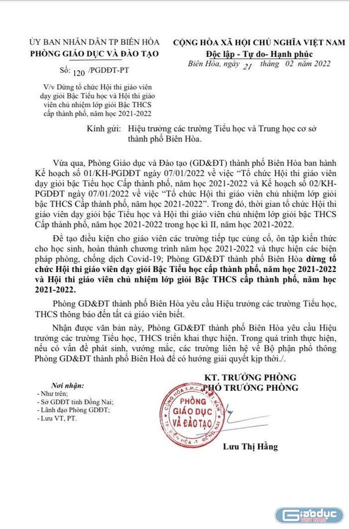 Công văn số 120/PGDĐT-PT ngày 21/2/2022 của Phòng Giáo dục và Đào tạo thành phố Biên Hòa (Đồng Nai). Ảnh: V.H