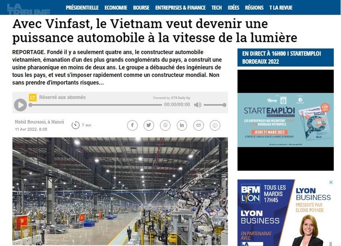 Bài báo về VinFast trên La Tribune.