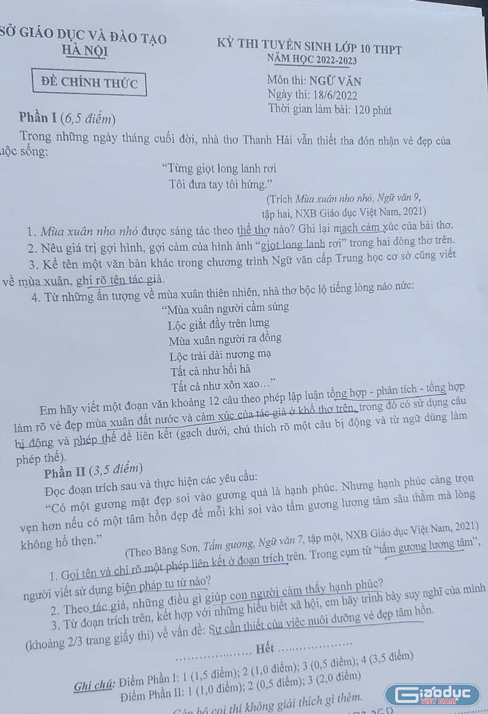 Đề thi Ngữ văn kỳ thi vào lớp 10 tại Hà Nội