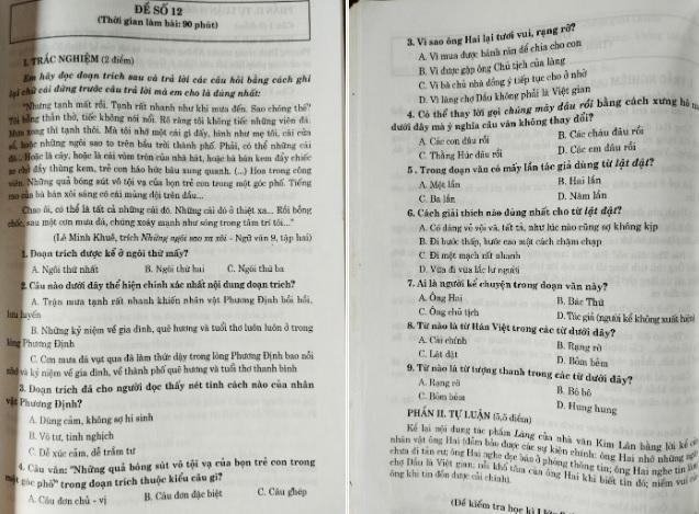 Một phần đề thi Ngữ văn 9 kết hợp tự luận và trắc nghiệm. Ảnh: Văn Lự