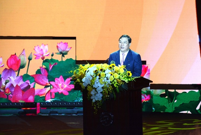 Đồng chí Phạm Gia Túc, Ủy viên Trung ương Đảng, Bí thư Tỉnh ủy Nam Định phát biểu tại Lễ kỷ niệm.