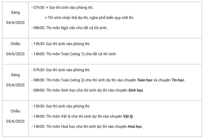 Lịch thi cụ thể lớp 10 của Trường Trung học phổ thông chuyên Khoa học Tự nhiên. Ảnh chụp màn hình.