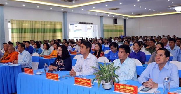 Đại biểu dự hội nghị tổng kết 20 năm Ngày hội &quot;Đại đoàn kết toàn dân tộc&quot; tại tỉnh Sóc Trăng, do Ủy ban Mặt trận Tổ quốc Việt Nam tỉnh Sóc Trăng tổ chức ngày 29/5/2023. (Ảnh: Tuấn Phi/TTXVN)