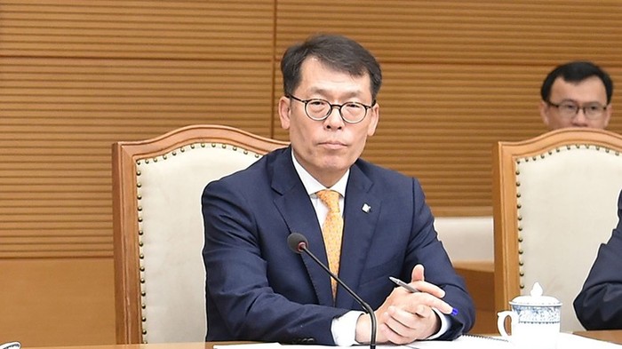 Ông Kim Sung-tae, Chủ tịch kiêm Tổng Giám đốc điều hành ngân hàng Công nghiệp Hàn Quốc (IBK) phát biểu ý kiến tại buổi tiếp.