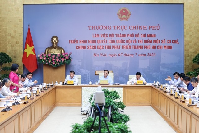 Thủ tướng Phạm Minh Chính chủ trì cuộc làm việc của Thường trực Chính phủ với Thành phố Hồ Chí Minh triển khai Nghị của Quốc hội về thí điểm một số cơ chế, chính sách đặc thù phát triển Thành phố Hồ Chí Minh. Ảnh: VGP/Nhật Bắc