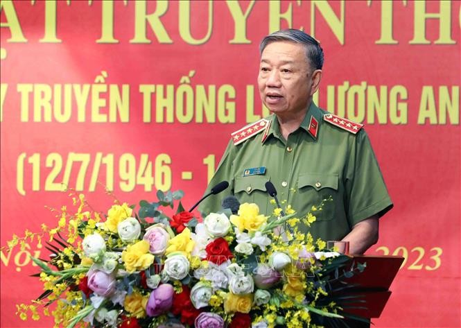 Đại tướng Tô Lâm, Uỷ viên Bộ Chính trị, Bộ trưởng Bộ Công an phát biểu. Ảnh: Phạm Kiên/ TTXVN