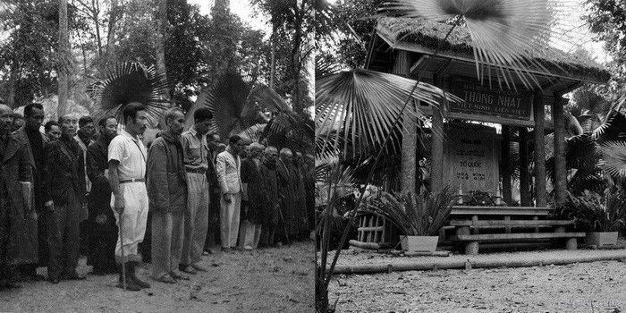 Trước giờ khai mạc Đại hội thống nhất Việt Minh-Liên Việt, Chủ tịch Hồ Chí Minh và các đại biểu viếng liệt sỹ tại Đài liệt sỹ ở chiến khu Việt Bắc (tháng 3/1951). Ảnh: TTXVN