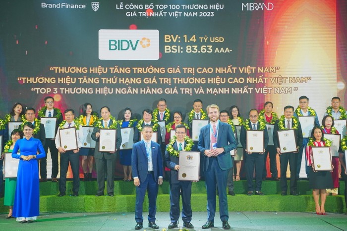 Đại diện BIDV nhận chứng nhận các giải thưởng do Brand Finance trao tặng.