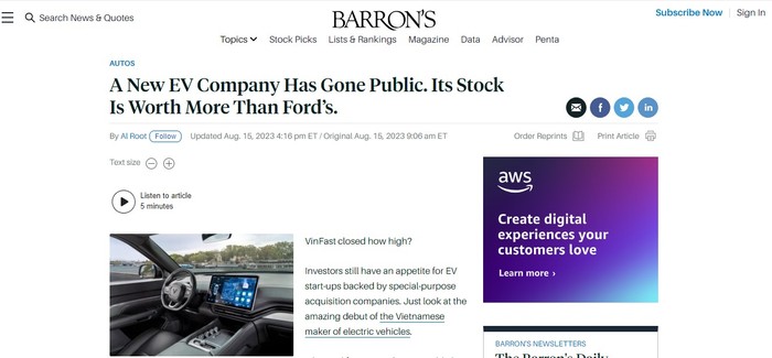 Barron’s nhận định vốn hóa của VinFast hơn Ford và nhiều hãng xe lớn khác